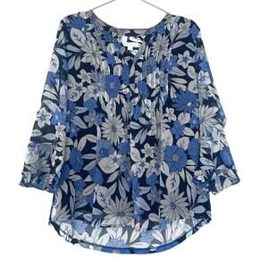 Charter Club Petite XL Blue Floral Pintuck Blouse - NWT